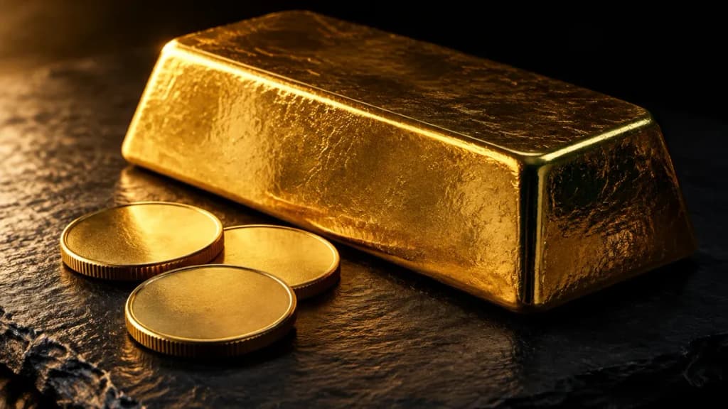 Goldbarren und drei schlichte Goldmünzen auf dunkler Schieferplatte