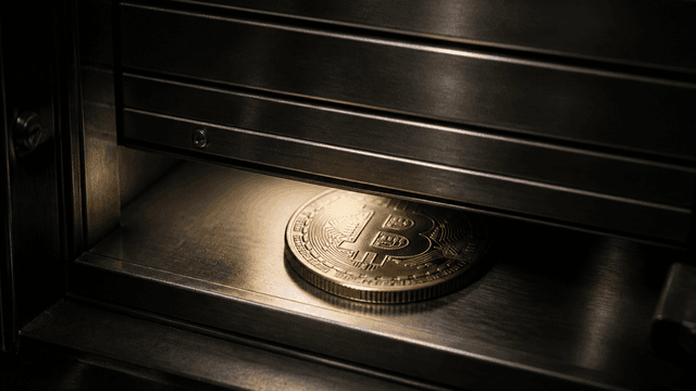 Eine sinkende Stahlklappe schliesst sich ueber einem Tresorfach, darunter liegt eine einzelne Bitcoin-Muenze im Lichtspalt