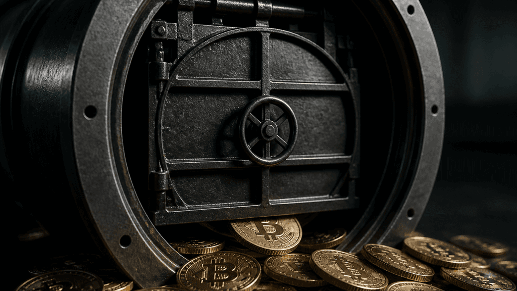 Eine geschlossene stählerne Schleusenklappe in einem breiten Metallrohr, davor stauen sich Bitcoin-Münzen, eine klemmt im Spalt