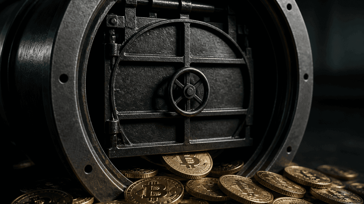 Eine geschlossene stählerne Schleusenklappe in einem breiten Metallrohr, davor stauen sich Bitcoin-Münzen, eine klemmt im Spalt