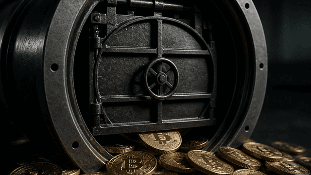 Eine geschlossene stählerne Schleusenklappe in einem breiten Metallrohr, davor stauen sich Bitcoin-Münzen, eine klemmt im Spalt