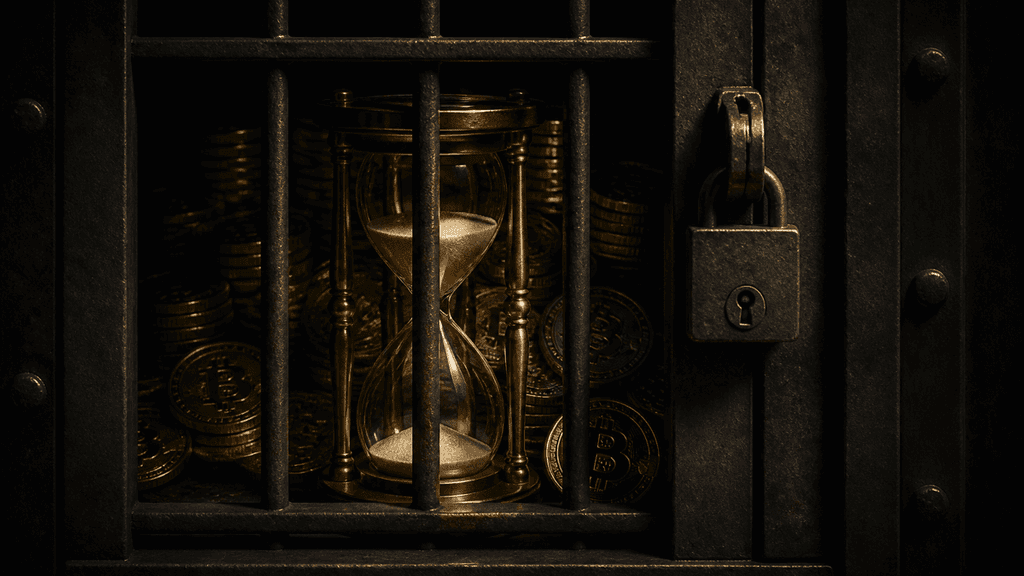 Messing-Sanduhr hinter einem verriegelten Stahlgitter, dahinter unerreichbare Bitcoin-Münzen im Halbschatten