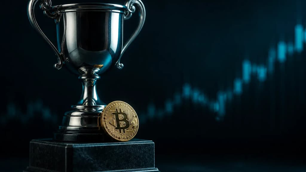 Pokal auf einem dunklen Sockel, an dessen Fuß eine Bitcoin-Münze lehnt, Sinnbild für ein Börsenspiel mit Krypto