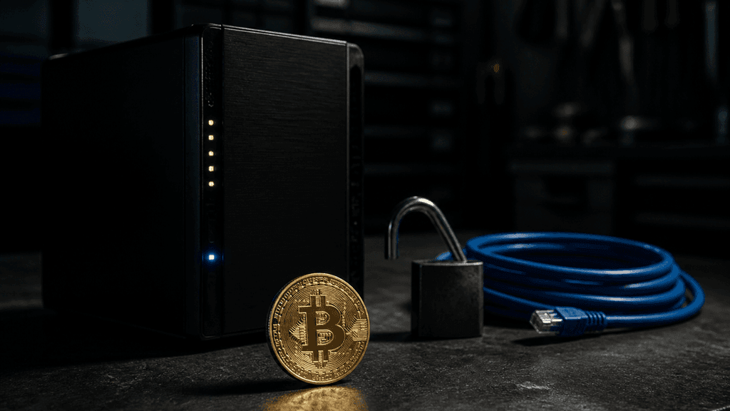 Kompakter schwarzer Kleinserver mit leuchtenden Status-LEDs auf einer Stahlwerkbank, daneben ein geöffnetes Vorhängeschloss und ein Netzwerkkabel, davor eine physische Münze mit Bitcoin-Zeichen