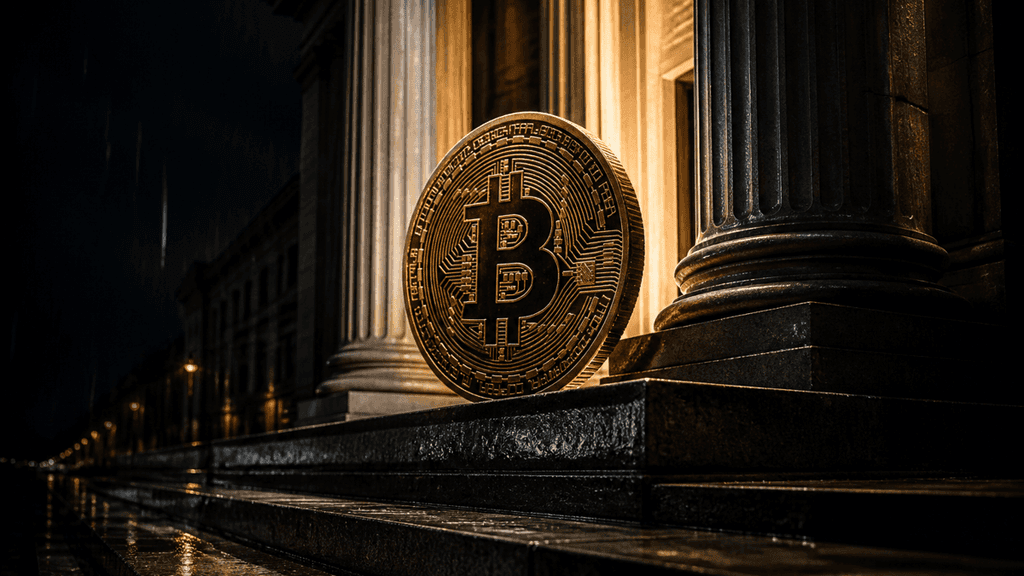 Naechtliches klassizistisches Bankgebaeude mit Saeulenportal, davor eine grosse aufrecht stehende Muenze mit Bitcoin-Symbol auf nasser Steinstufe