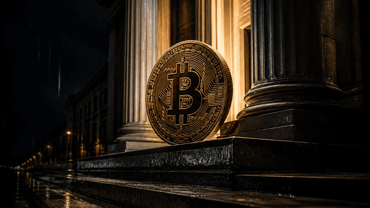 Nächtliches klassizistisches Bankgebäude mit Säulenportal, davor eine große aufrecht stehende Münze mit Bitcoin-Symbol auf nasser Steinstufe