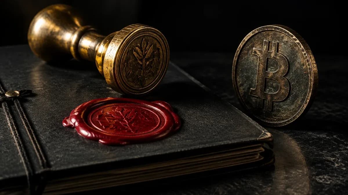 Messingfarbener Amtsstempel mit rotem Wachssiegel auf einem dunklen Aktendeckel, daneben eine aufrecht stehende Münze mit eingeprägtem Bitcoin-Zeichen