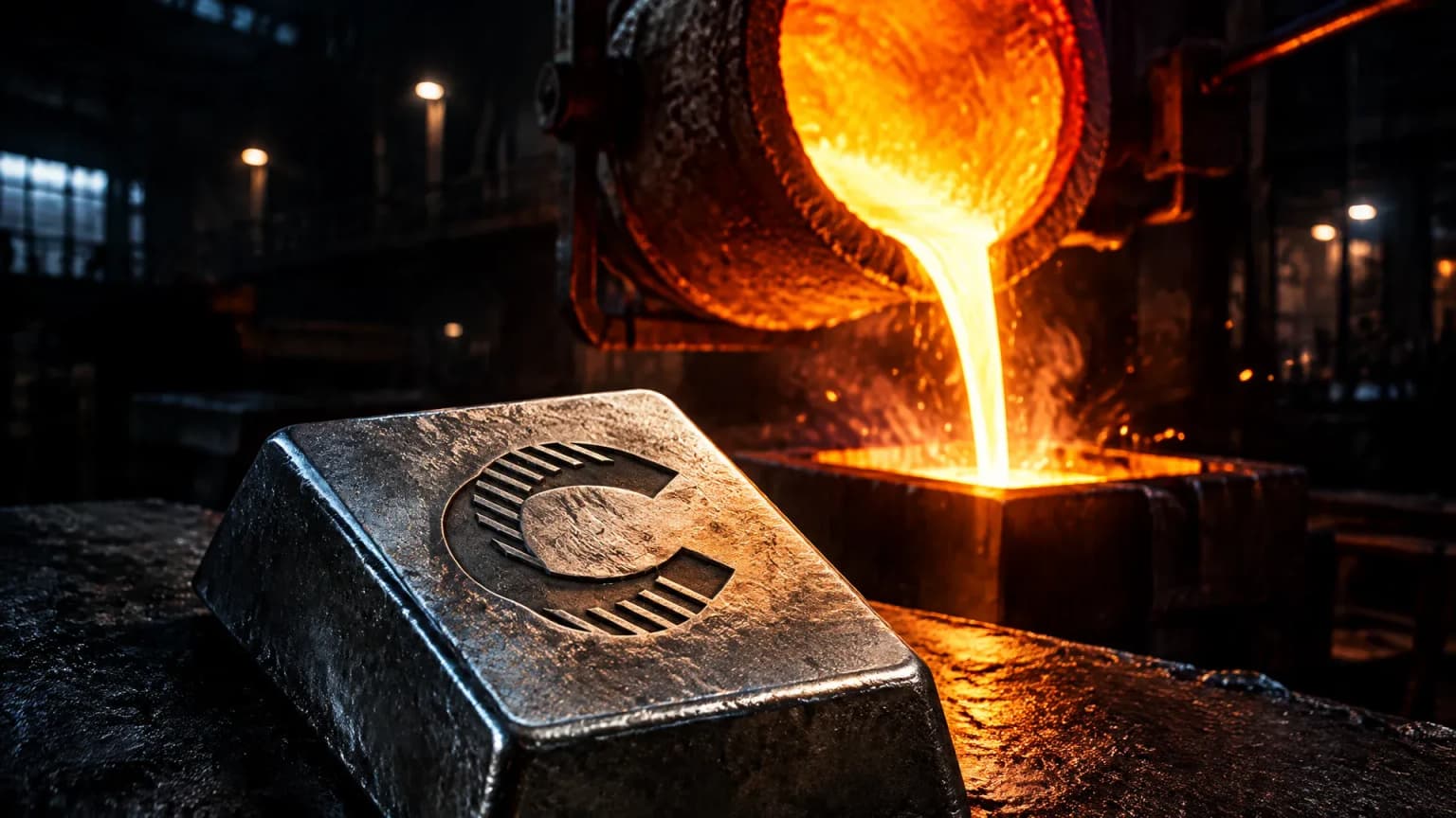 Creuset incandescent versant du métal en fusion dans une halle industrielle sombre, au premier plan un lingot d'acier au signe de Canton estampé
