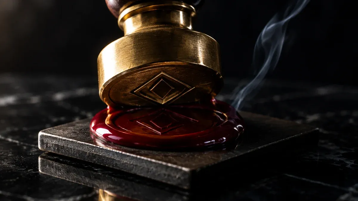 Messing-Siegelstempel mit eingraviertem Rautensymbol presst dunkelroten Siegellack auf eine Metallplatte