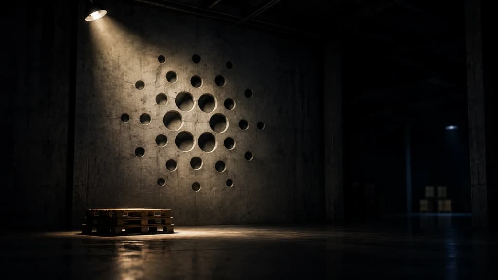 Fast leere Lagerhalle bei Nacht, das ADA-Zeichen als tiefe Gravur in der Betonwand, ein Lichtkegel auf wenigen Paletten