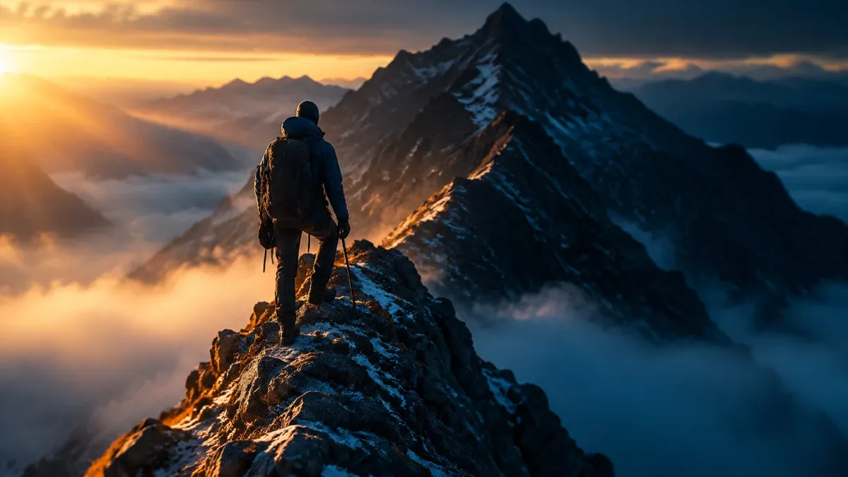 Silhouette eines Bergsteigers auf einem schmalen Felsgrat im Morgenlicht, vor ihm ein höherer dunkler Grat über einem Nebeltal