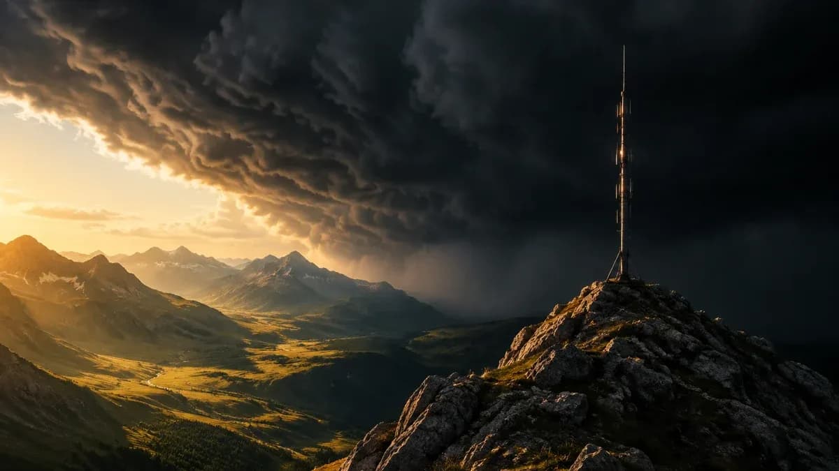 Aufziehende dunkle Gewitterwolkenwand über einem noch sonnenbeschienenen Hochgebirgstal, eine harte Lichtkante trennt beide Hälften