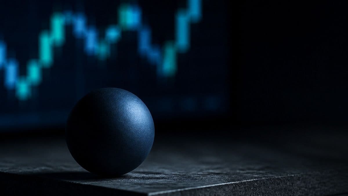 Dark blue metal sphere lying on slate, the glow of a screen with a candlestick chart blurred behind it