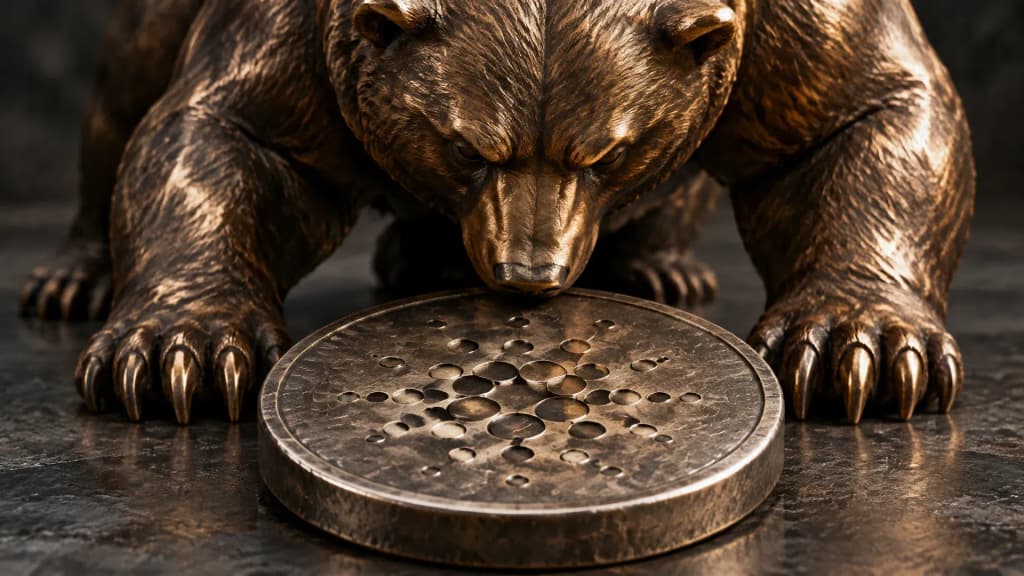 Massiver Bronzebär senkt den Kopf über eine schwere liegende Metallmünze mit tief eingraviertem ADA-Zeichen auf dunkler Steinplatte