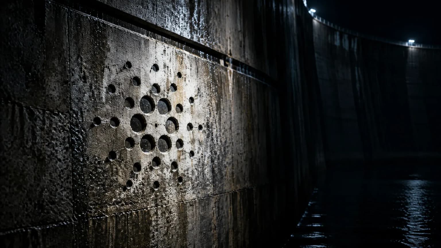 Innenseite einer Betontalsperre bei Nacht, der Wasserspiegel steht weit unter einer waagerechten Pegelrille, in den nassen Beton darunter ist das Cardano-Zeichen tief eingraviert