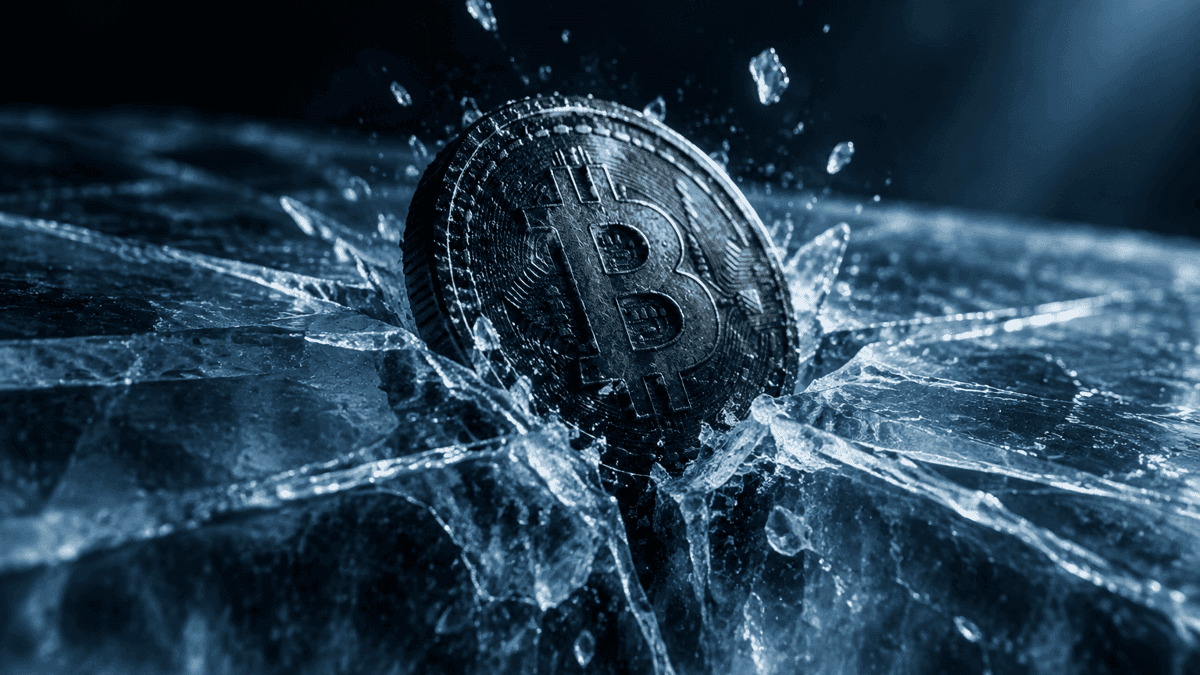 Schwere Metallmünze mit eingeprägtem Bitcoin-Zeichen sinkt durch eine in radialen Rissen aufbrechende Eisplatte