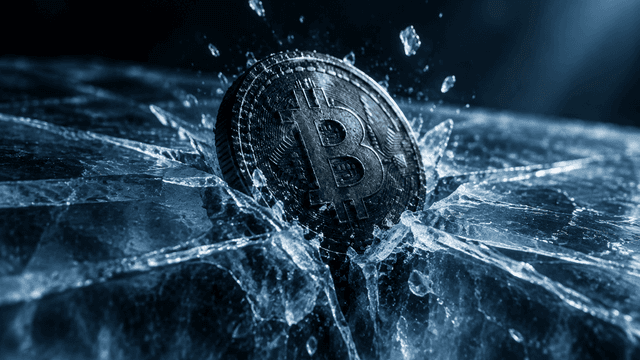 Schwere Metallmünze mit eingeprägtem Bitcoin-Zeichen sinkt durch eine in radialen Rissen aufbrechende Eisplatte