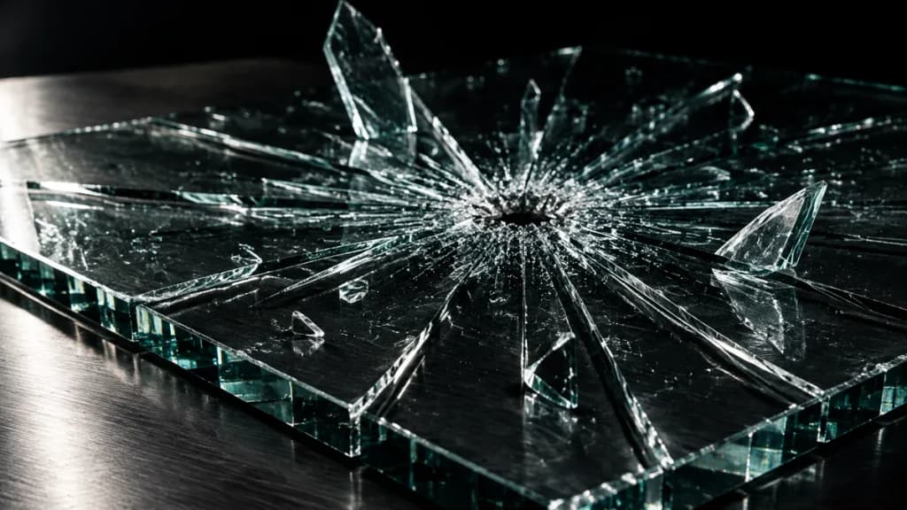 Zersprungene schwere Glasplatte auf gebürstetem Stahl, die Sprünge laufen sternförmig von einem Einschlagpunkt bis an die Kanten, einzelne Splitter stehen gekippt auf.