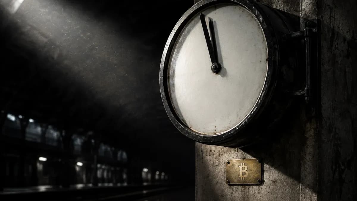 Bahnhofsuhr aus Stahl und Emaille ohne jede Ziffer, zwei schwere Zeiger kurz vor dem Zusammentreffen, darunter ein Messingschild mit eingraviertem Bitcoin-Zeichen