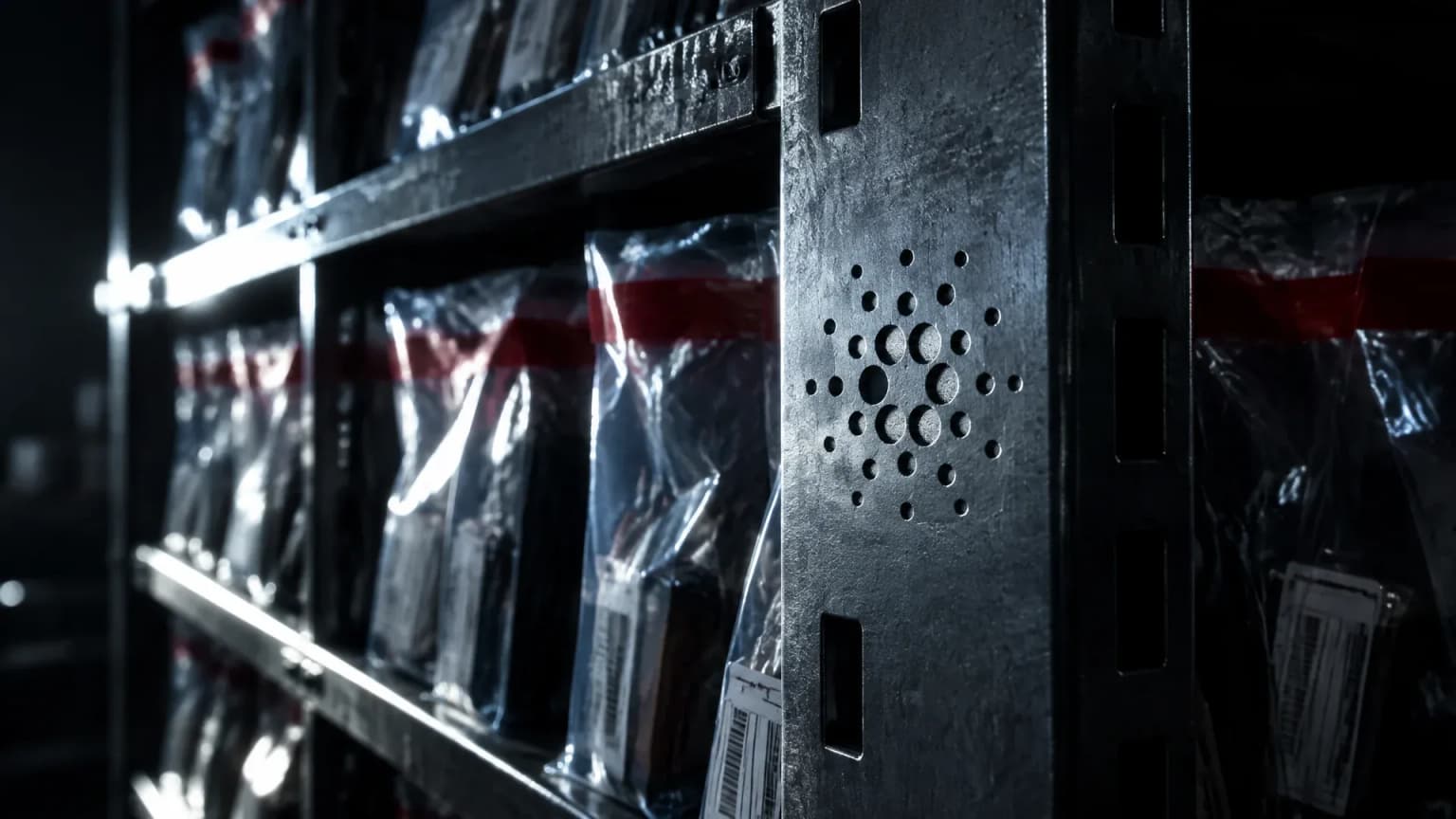 Metallregal einer Asservatenkammer bei Nacht mit versiegelten durchsichtigen Beweismitteltüten in den Fächern, in die Stahlstrebe davor ist das Cardano-Zeichen tief eingraviert