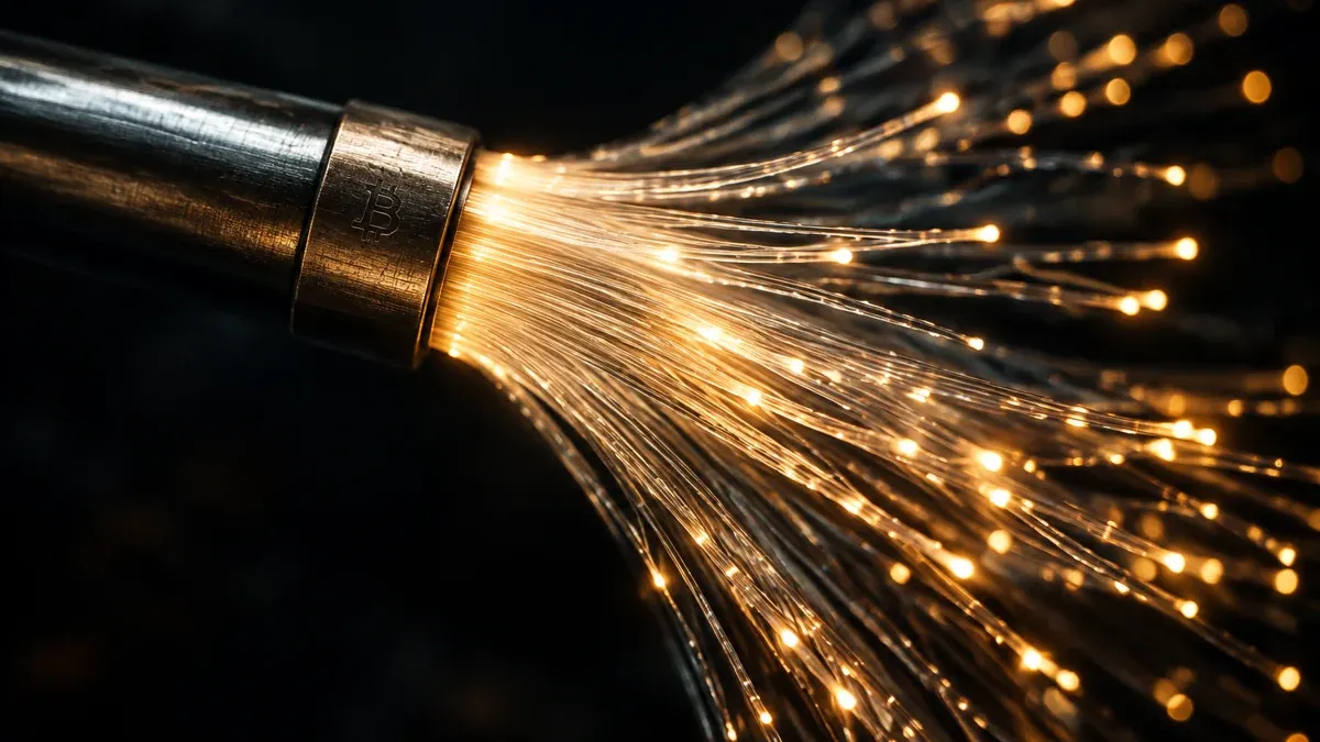 Glasfaserbündel: ein einziger Metallstrang fächert sich in hunderte einzeln leuchtende Lichtleiter auf