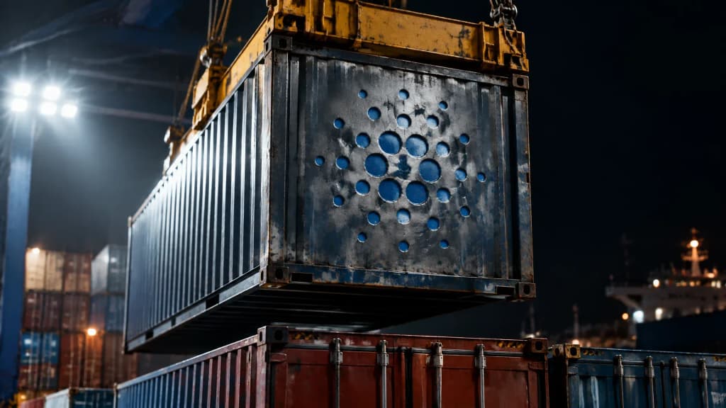 Portalkran senkt bei Nacht einen Stahlcontainer auf einen vollen Stapel in einem Frachtterminal, in die Stirnwand des vordersten Containers ist das Cardano-Zeichen tief eingeprägt