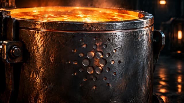 Ein fast randvoll gefüllter Metallbehälter in einer Industriehalle mit eingravierter Randmarkierung und dem Cardano-Zeichen auf der Behälterwand
