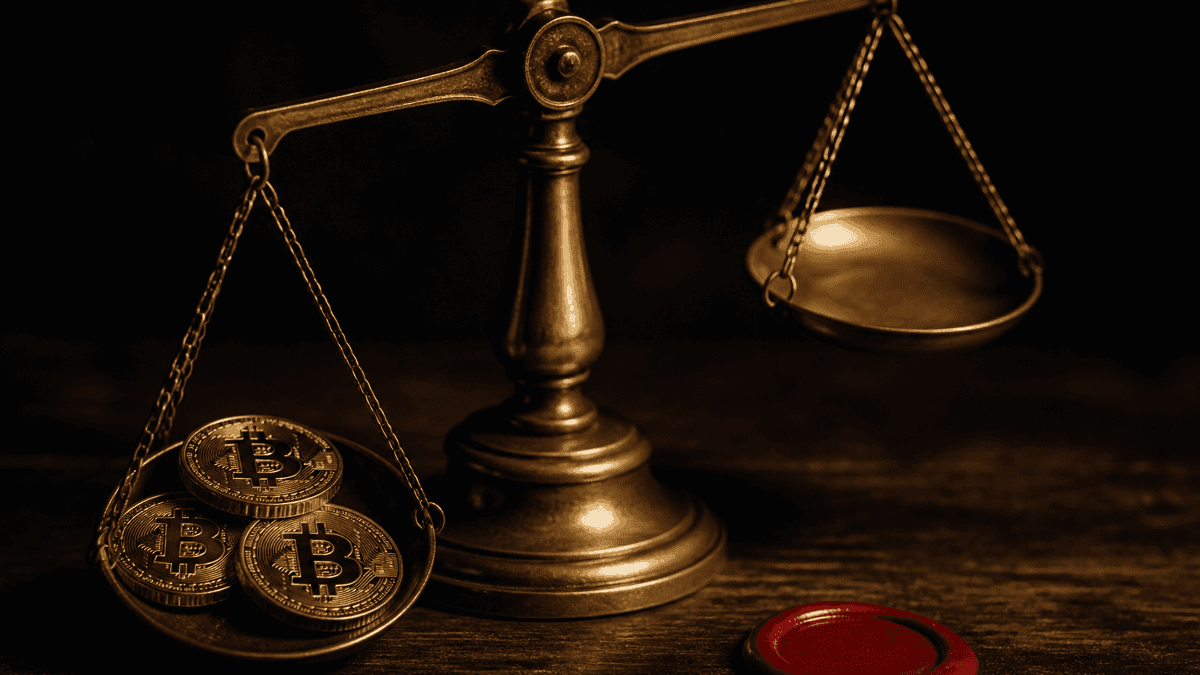 Messingwaage auf dunklem Holztisch: die linke Schale ist mit drei Bitcoin-Münzen beladen und tief gesunken, die rechte Schale leer und hochgekippt