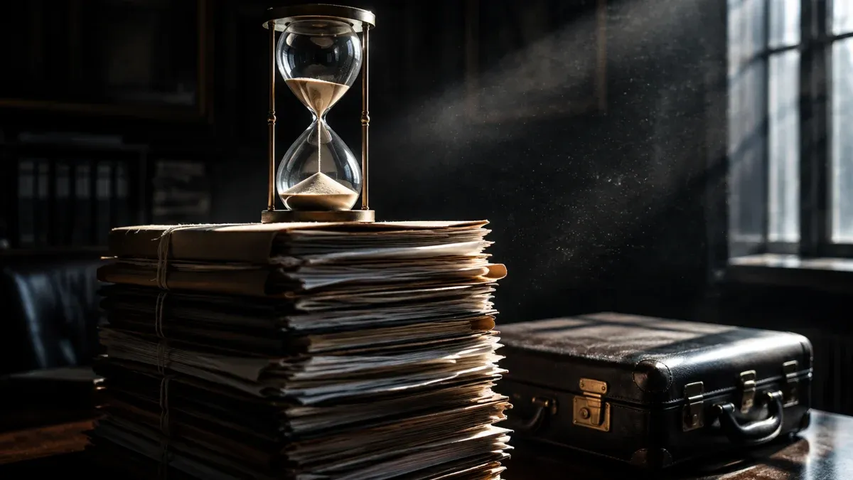 Glass hourglass on a stack of bundled official files in a dark government office