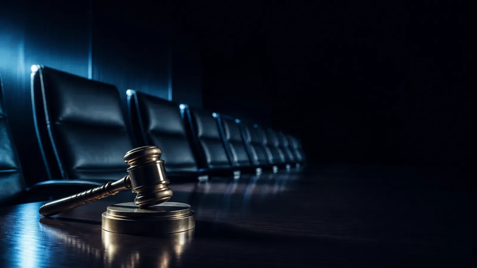 Ein langer Konferenztisch mit vielen leeren Stühlen, im Vordergrund ein Richterhammer aus Messing auf seinem Schallblock: Sinnbild für die Sitzung des CFTC Innovation Advisory Committee