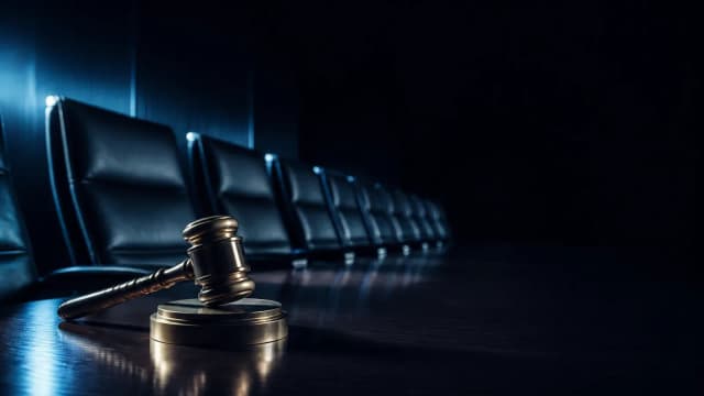 Ein langer Konferenztisch mit vielen leeren Stühlen, im Vordergrund ein Richterhammer aus Messing auf seinem Schallblock: Sinnbild für die Sitzung des CFTC Innovation Advisory Committee