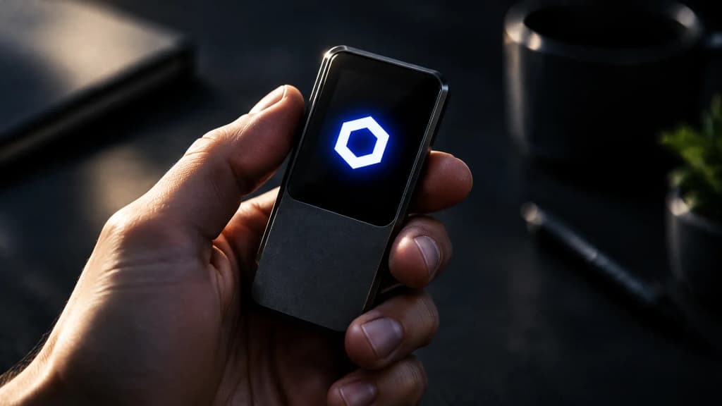 Hand haelt eine markenlose Hardware-Wallet, auf dem dunklen Display leuchtet das Chainlink-Zeichen
