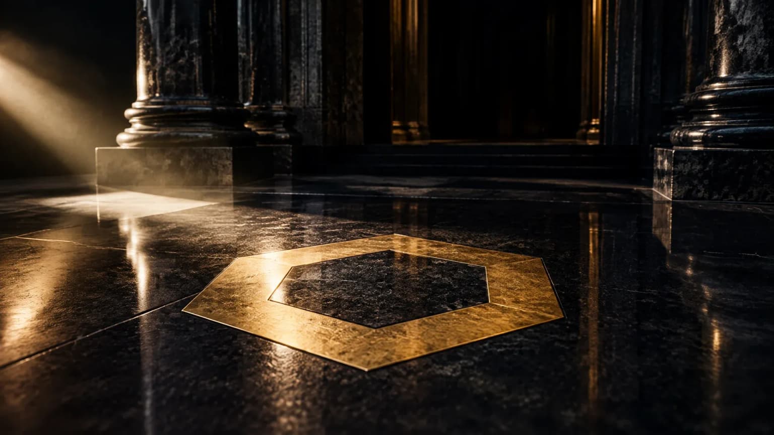 Nächtliches Säulenportal aus dunklem Granit, im polierten Steinboden davor das Chainlink-Zeichen als messingfarbene Intarsie