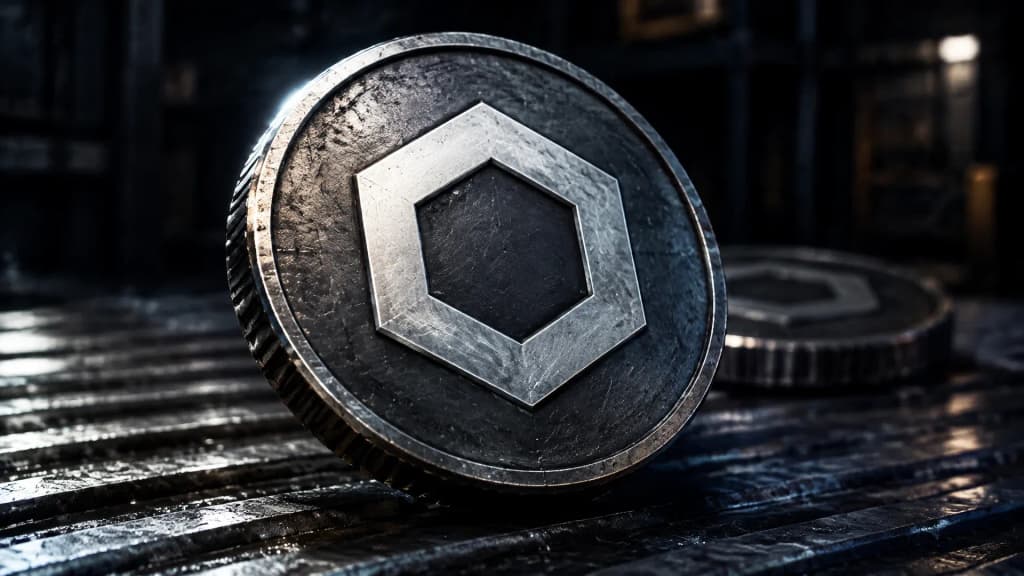 Schwere Metallmuenze mit dem Chainlink-Zeichen als Makroaufnahme auf einer geriffelten Stahlplatte in einem dunklen Lagerraum