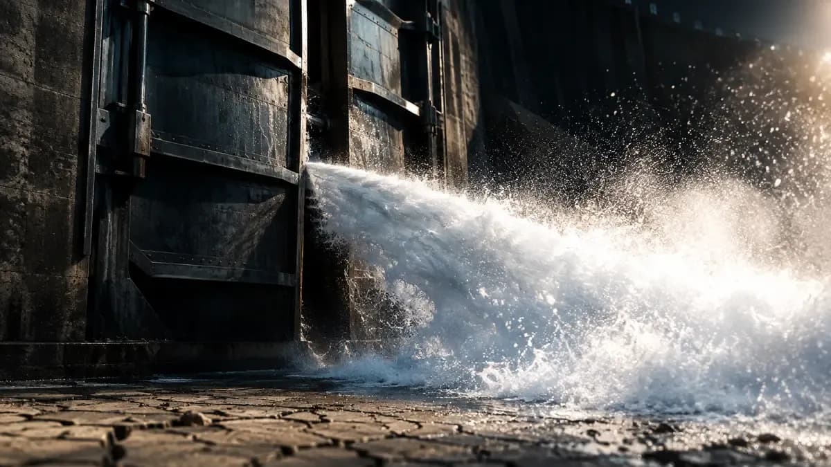 Stahlschleuse in einem Staudamm, durch den geöffneten Spalt schießt ein Wasserstrahl auf einen zuvor trockenen, rissigen Beckenboden