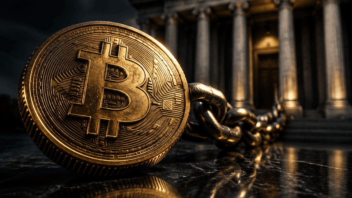 Goldmünze mit eingeprägtem Bitcoin-Zeichen, aus deren Rand schwere Metallkettenglieder zu einem klassizistischen Bankportal im Hintergrund laufen