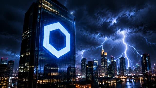 Gewitterfront mit Blitzen über einer nächtlichen Finanzskyline, an der Glasfassade des vordersten Turms das Chainlink-Zeichen als beleuchtetes Relief