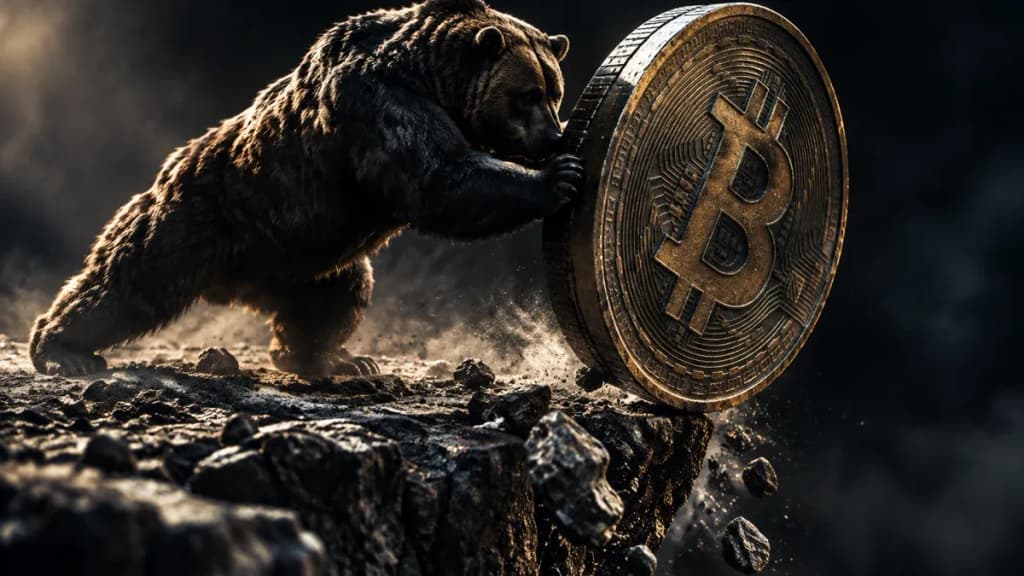Ein Bär stemmt sich gegen eine kippende Metallmünze mit eingeprägtem Bitcoin-Zeichen am Rand eines Abgrunds