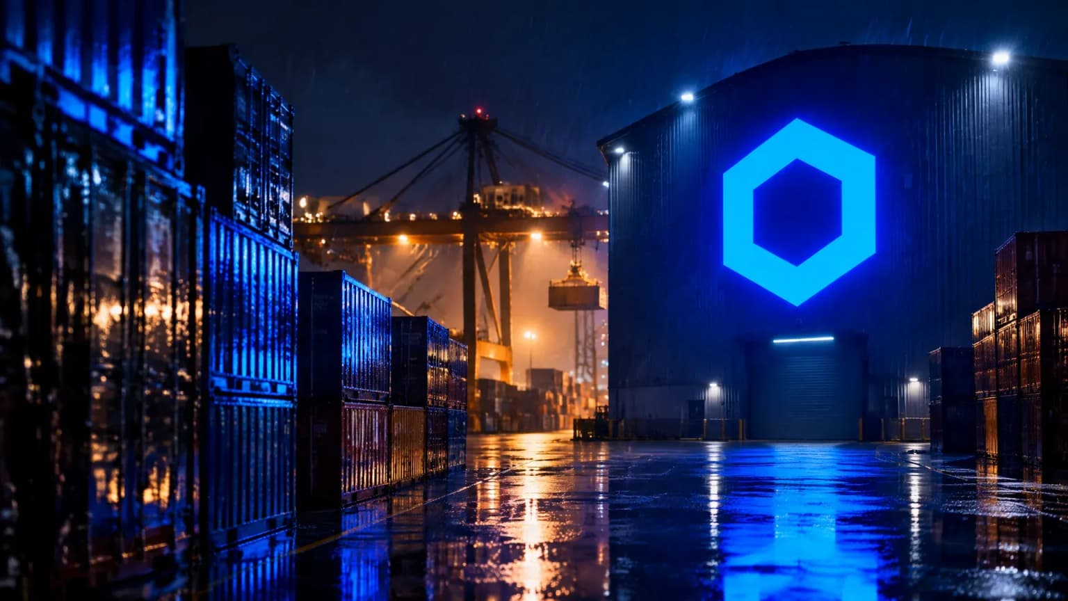 Terminal de fret portuaire la nuit sous la pluie, le symbole de Chainlink brille en néon bleu sur le pignon de l'entrepôt
