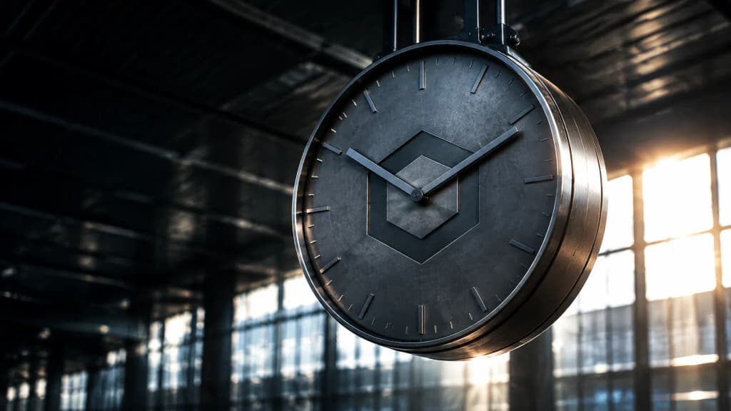 Grosse Bahnhofsuhr ohne Ziffern in einer leeren Halle, in das Metallgehaeuse ist das Chainlink-Zeichen eingraviert