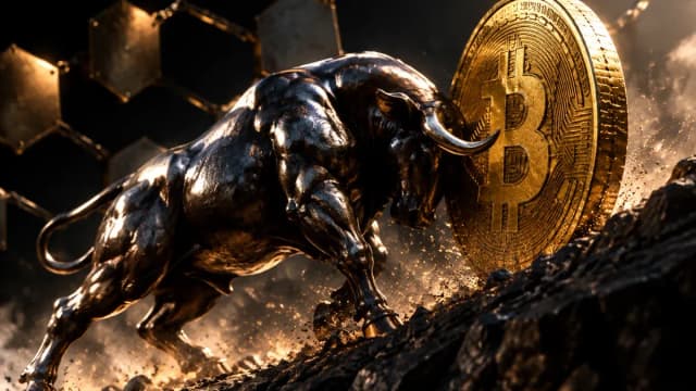 Ein metallener Stier schiebt eine grosse Goldmuenze mit Bitcoin-Zeichen eine steile Geroellrampe hinauf, dahinter sechseckige Metallplatten im Gegenlicht