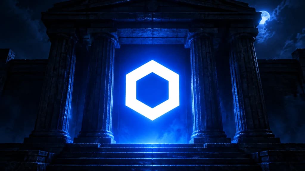 Saeulenportal eines dunklen Steingebaeudes bei Nacht, im Granit-Tuersturz eine Messing-Intarsie mit dem Chainlink-Zeichen