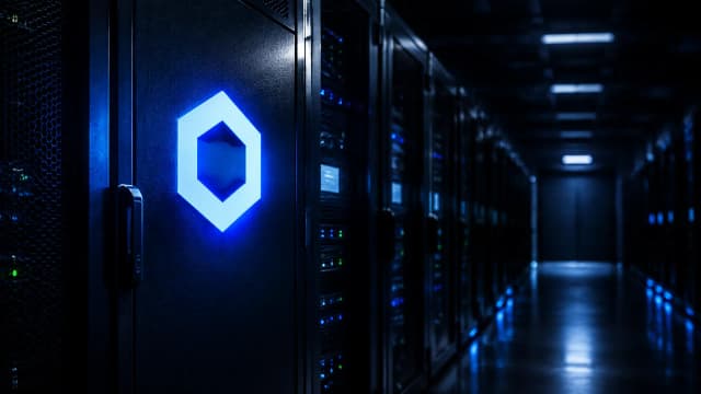 Dunkle Rechenzentrumshalle mit langen Reihen schwarzer Serverschränke, in die Stahltür des vordersten Schranks ist das Chainlink-Zeichen als blau leuchtende Intarsie eingelassen