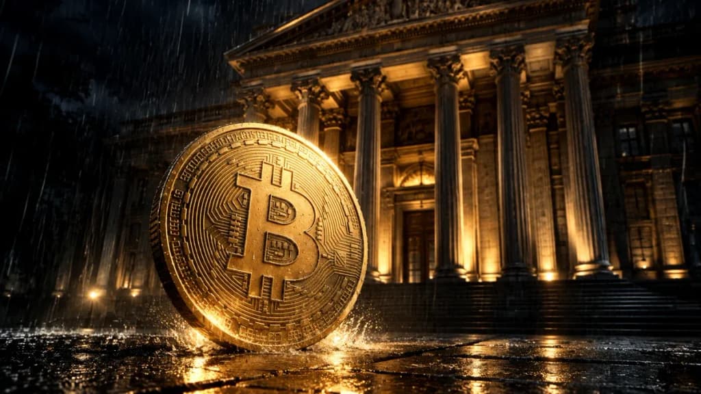 Klassizistisches Bankgebäude mit Säulenportal bei Nacht, davor eine große Goldmünze mit Bitcoin-Zeichen