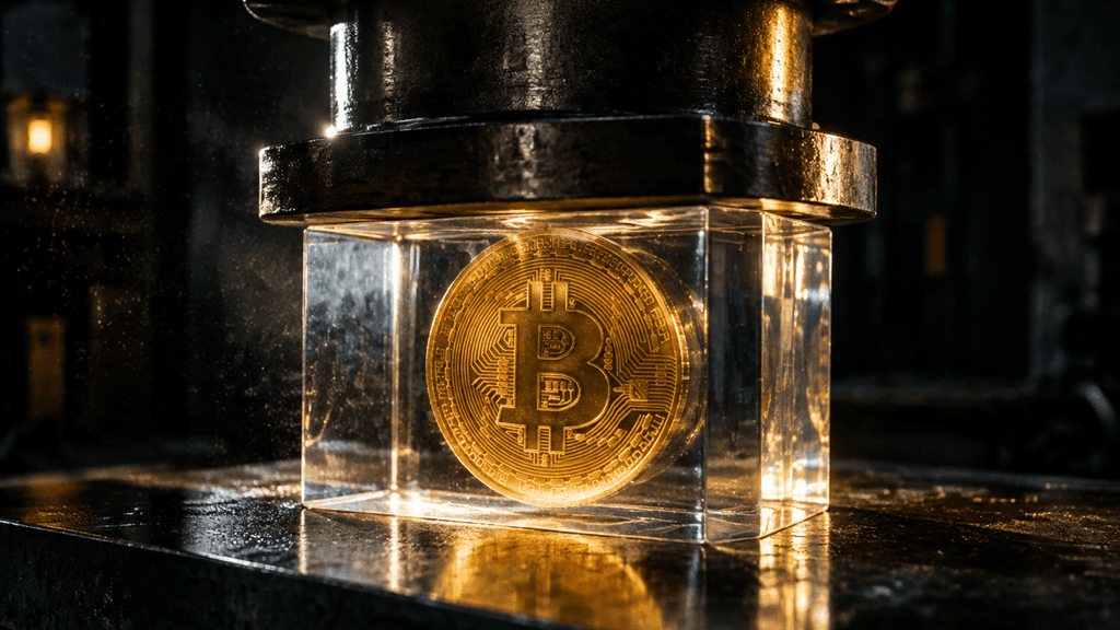 Eine goldene Muenze mit Bitcoin-Zeichen wird von einer Industriepresse in einen glasklaren Acrylblock eingeschlossen