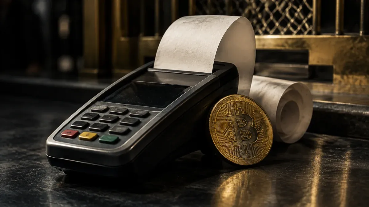 Kartenlesegerät mit langer Papierbonrolle auf einem dunklen Stahl-Ladentisch, daneben eine schwere Goldmünze mit eingeprägtem Bitcoin-Zeichen, im Hintergrund ein Messinggitter