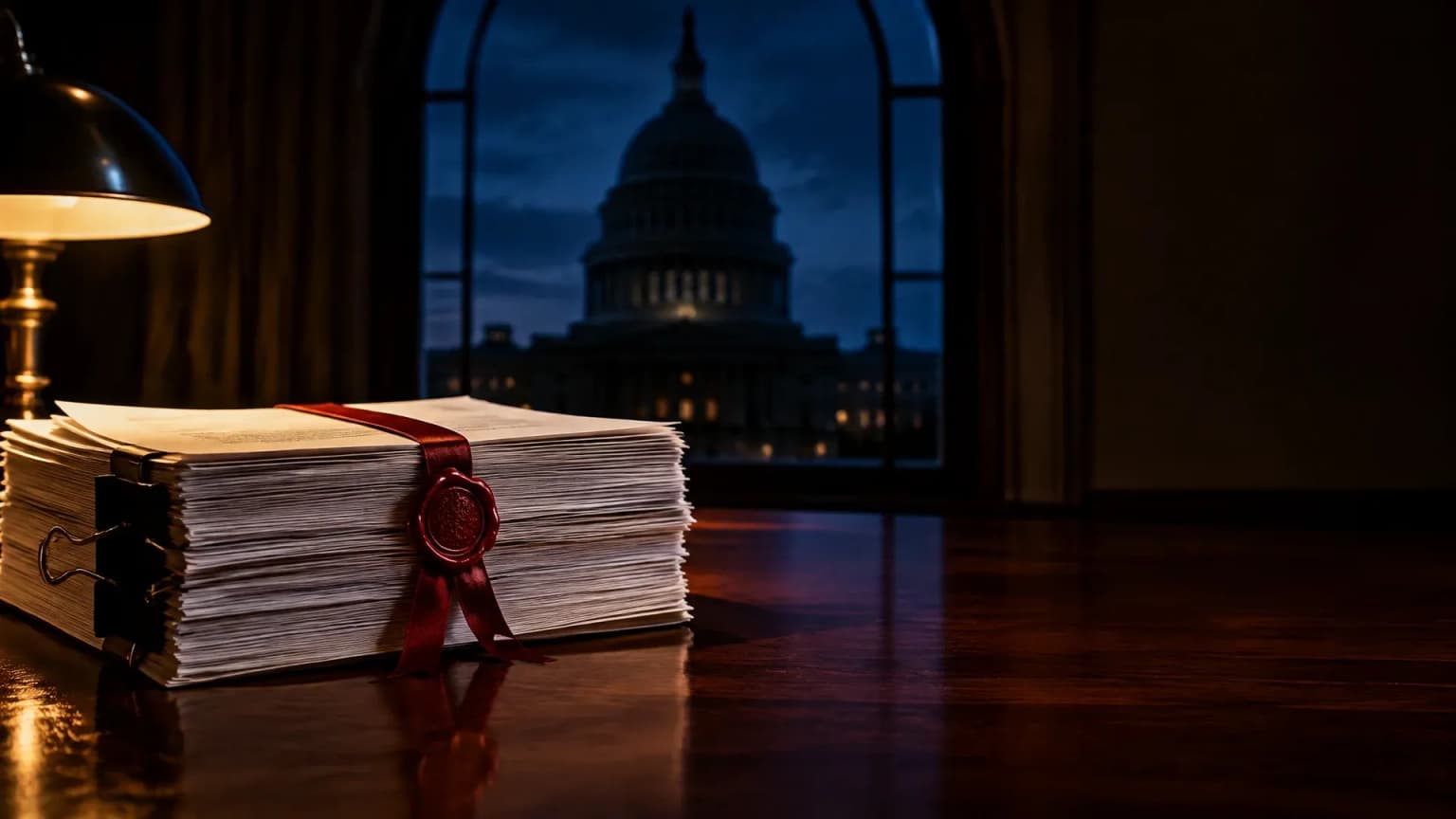 Versiegelter Gesetzentwurf zum CLARITY Act auf einem dunklen Holztisch, dahinter die Silhouette einer Regierungskuppel bei Nacht