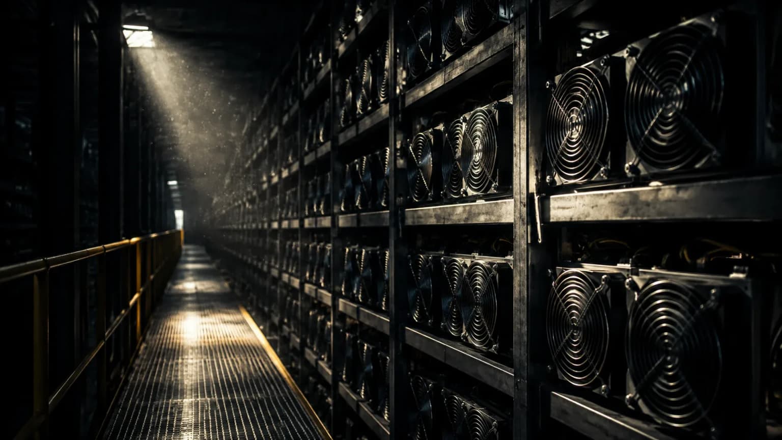 Lange Reihen von Rechengeräten in den Regalen einer dunklen Industriehalle, nur Lüftergitter und ein Wartungsgang sind beleuchtet
