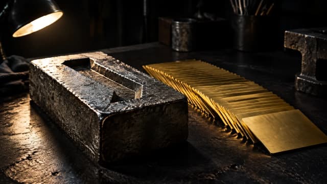 Massiver gravierter Metallblock auf einer dunklen Werkbank, daneben dutzende hauchdünne Messingplättchen in Reihe