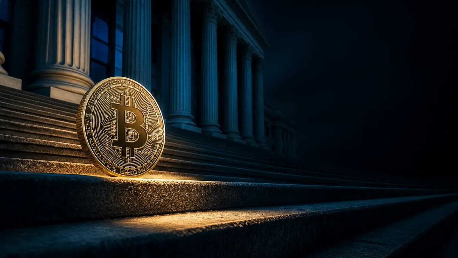 Klassisches Börsengebäude mit Säulen, auf dessen Treppe eine große Bitcoin-Münze im Lichtstrahl steht – Sinnbild für den Kurssprung der Coinbase Aktie